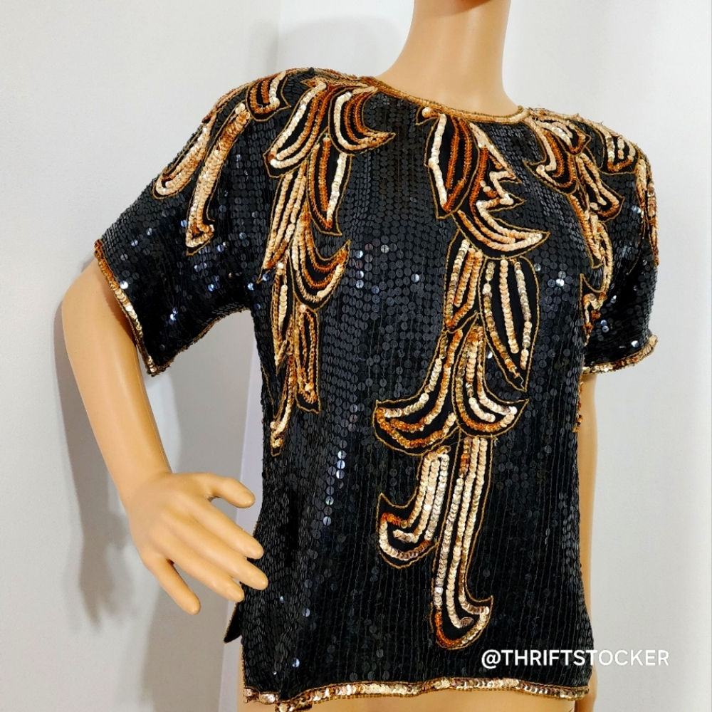Vintage Black and Gold Sequin Top - Picture 1 of 9